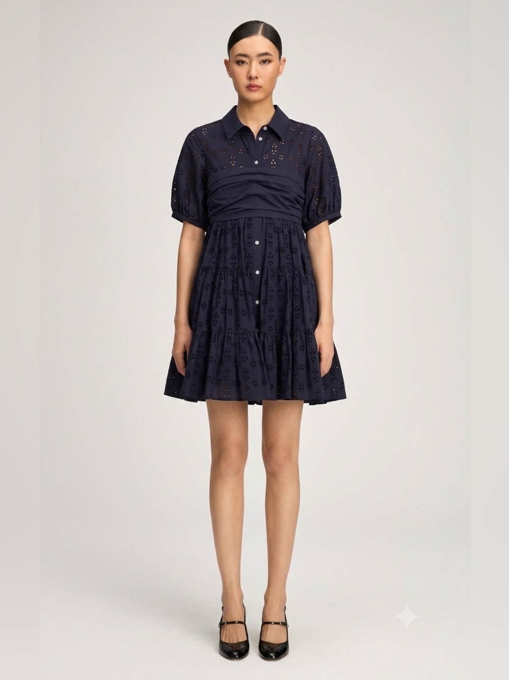 Cinq à Sept Alexie Navy Eyelet Ruched Tiered Shirt Dress Size 14